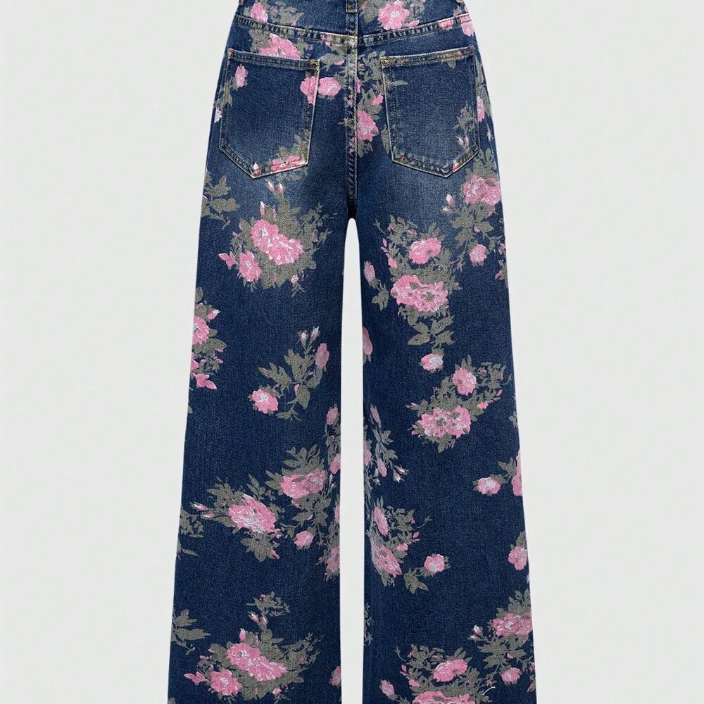 Blue Casual Women's Floral Print Washed Loose Baggy Flared Jeans - Picture 2 of 5